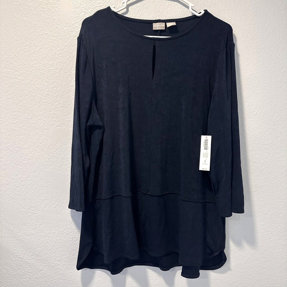 Chicos Travelers 3-16/18 Blouse Deep Navy Blue Keyhole Tunic 3/4‎ Sleeve